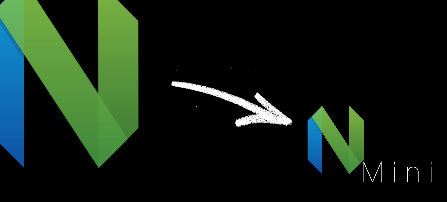 Large Neovim logo, partly out of frame with a chalk arrow pointing to a smaller neovim logo with the word 'mini'.